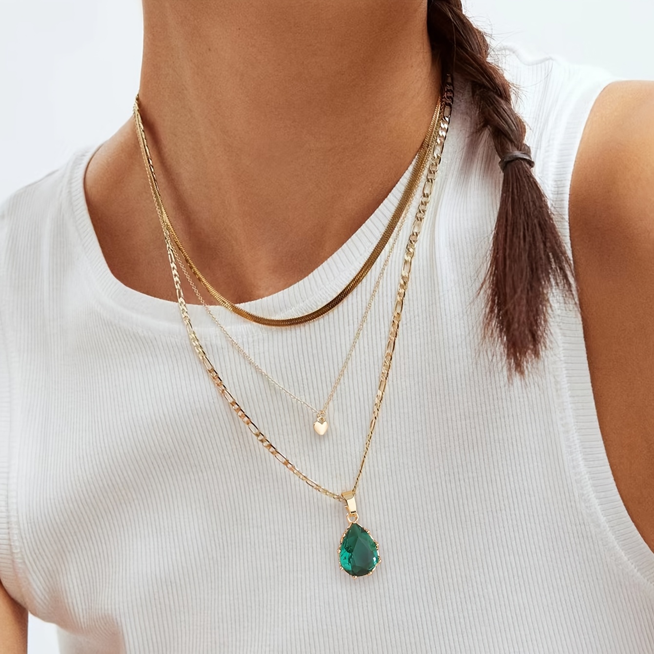 Fashionable Multi-layered Chain Necklace Set with Teardrop & Heart Pendants